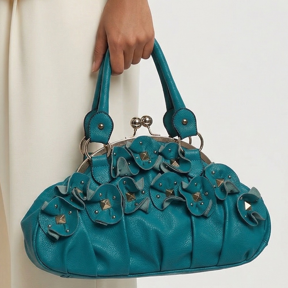Teal Blue Floral Studded Kiss Lock Frame Handbag Vintage Style Satchel